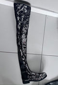 Black Leather Sequinned Over the Knee Boots