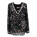 See By Chloe Black Polka Dot Linen blend Sheer Blouse
