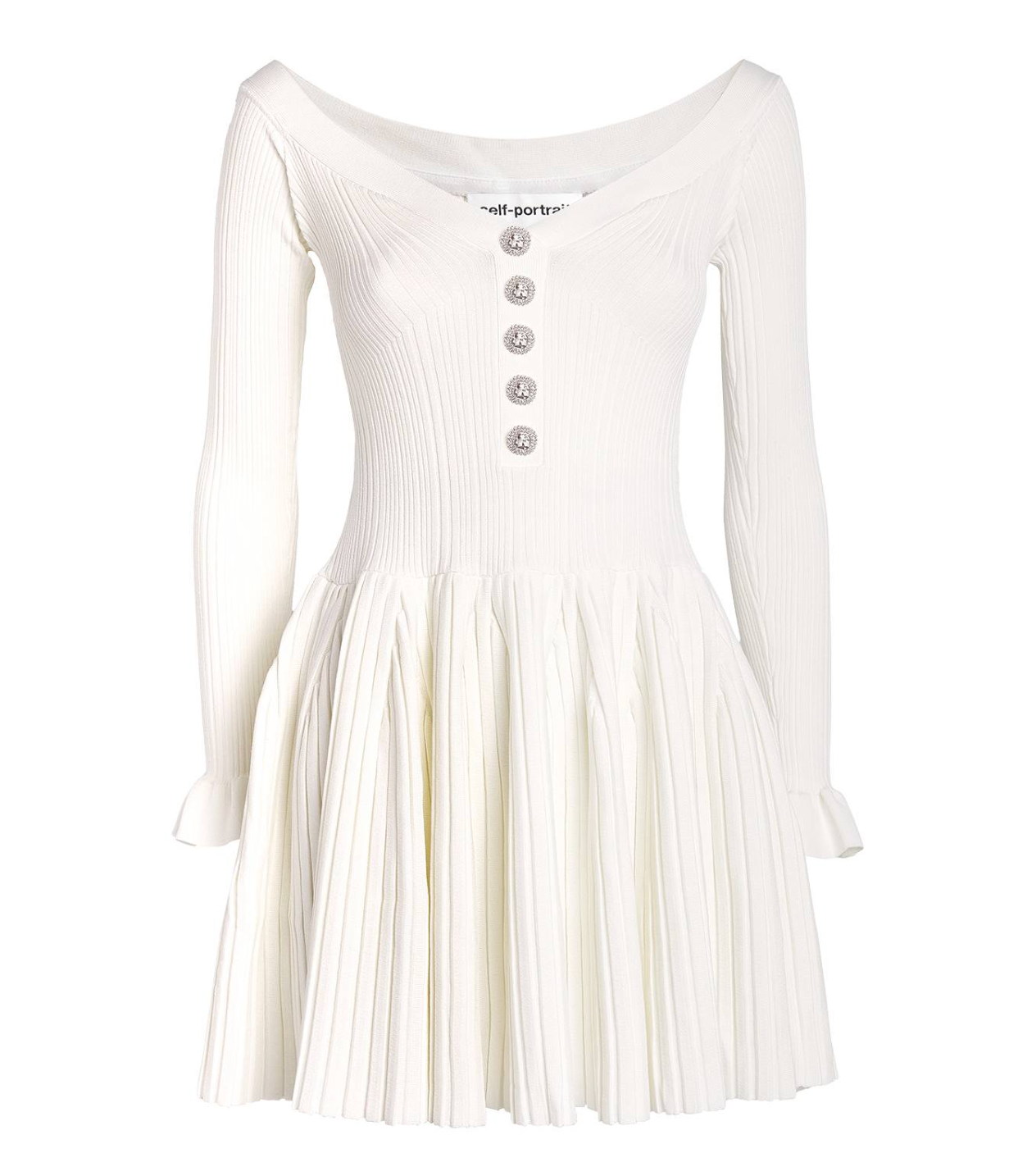 Self-Portrait Off-The-Shoulder Pleated Ribbed-Knit Mini Dress
