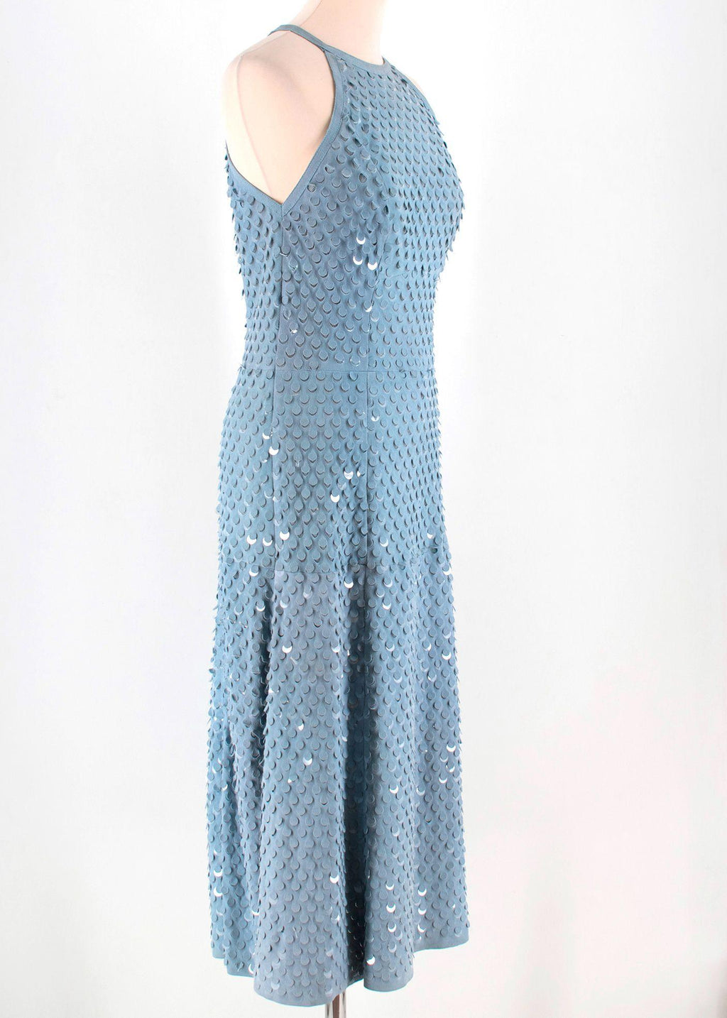 Blue Suede Sequin Embellished Sleeveless Dress
