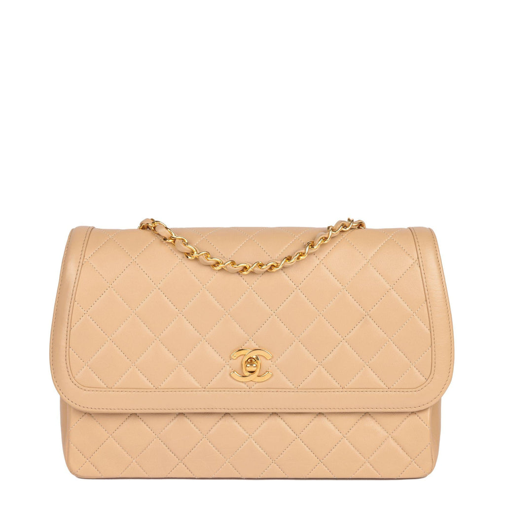 Beige Vintage Quilted Leather Flap Bag & Waller