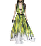 RUNWAY Elie Saab Green Patterned Deep Plunge Gown