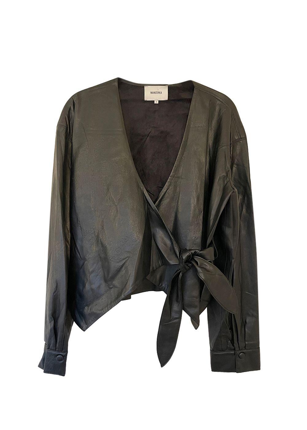 Black Faux Leather Wrap Top