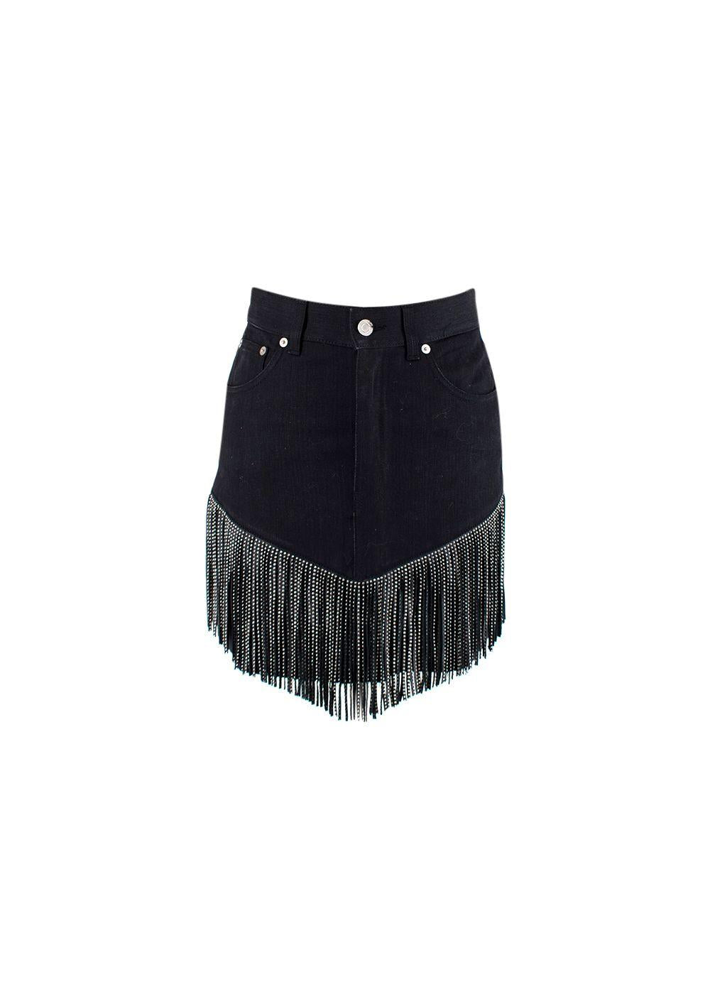 Black Denim Skirt with Silver Studded Leather Fringing