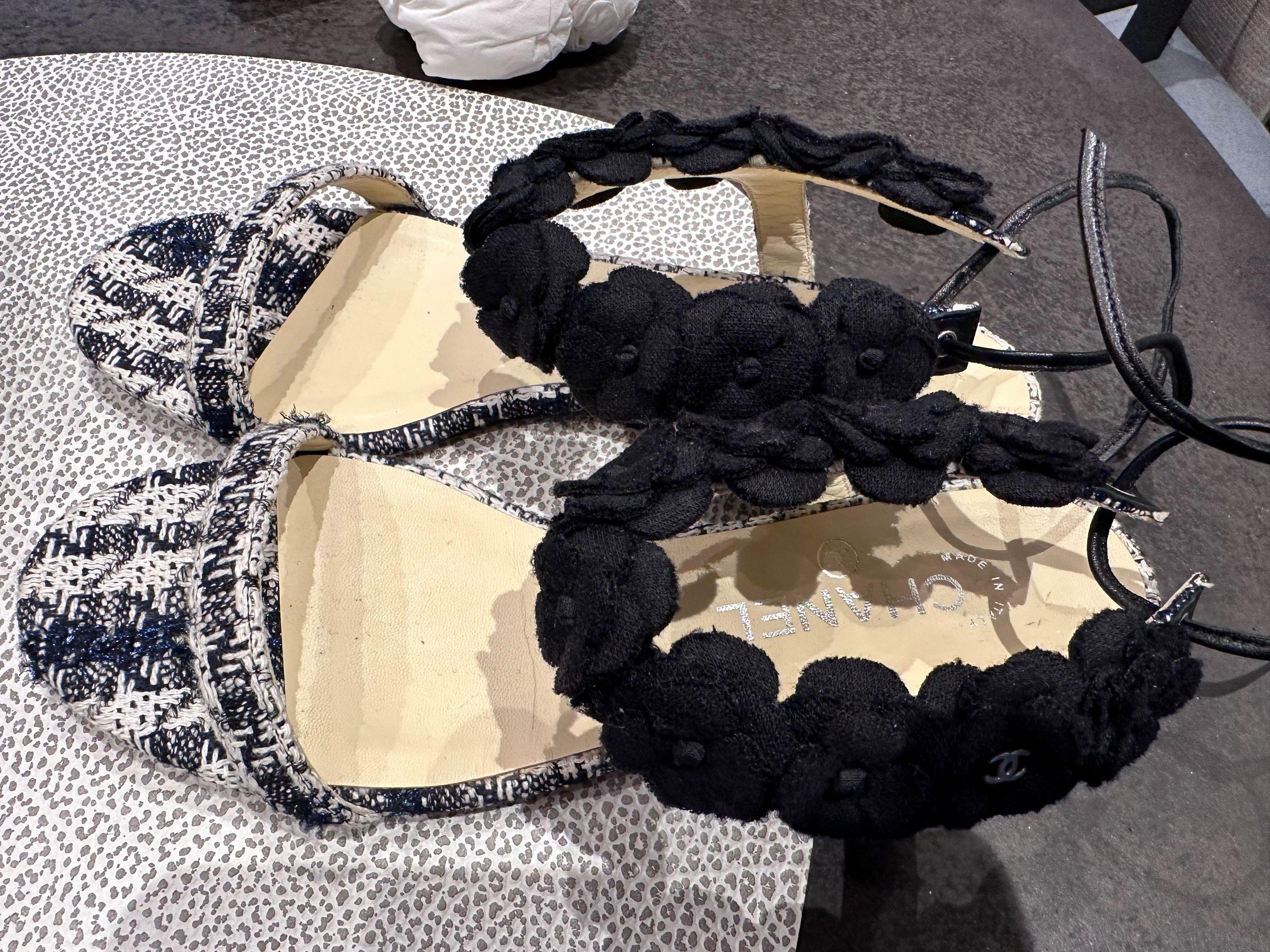 Chanel Black and White Tweed Camellia Embellished Sandals