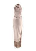 Nanushka Champagne Satin Midi Dress with Fringing