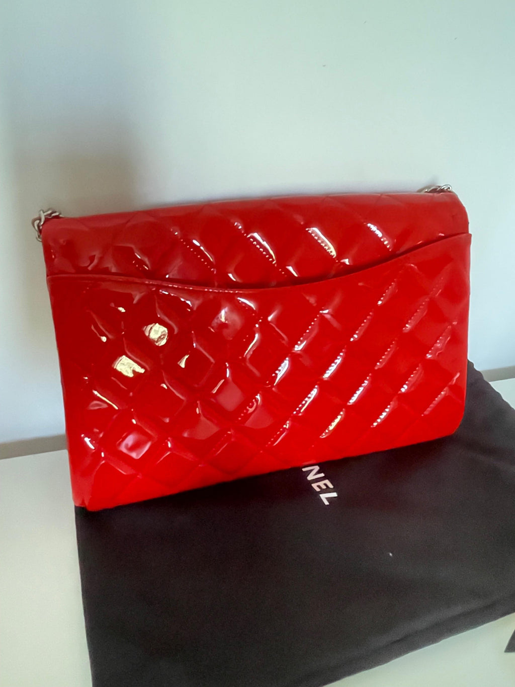 Chanel Red Patent Leather Clutch on Chain