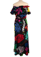 Rixo Black Multicolour Pattern Silk Bardot Maxi Dress
