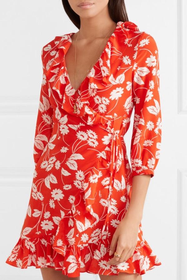 Rixo Red & White Floral Mini Wrap Dress