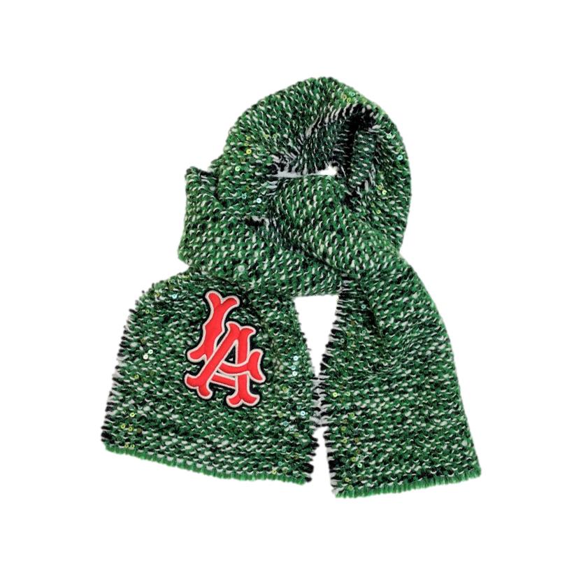 Gucci LA Patch Embellished Green Melange Wool Blend Scarf