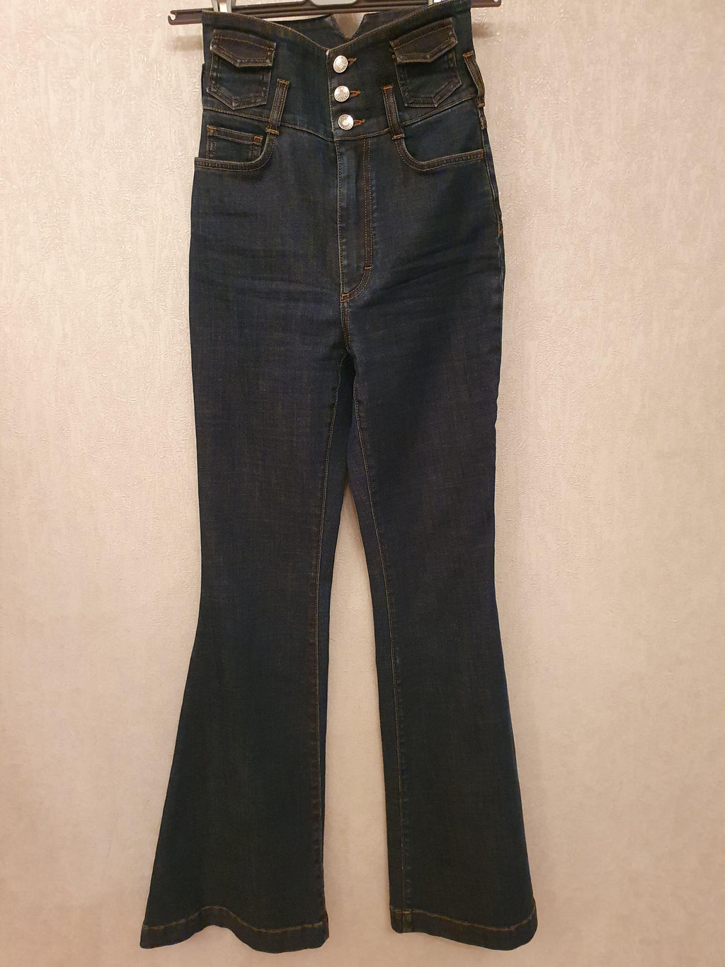 Indigo wash denim ultra-high rise flared jeans