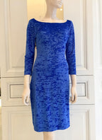 French Couture Electric Blue Panne Velvet V Back Dress