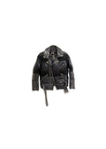 Black faux-leather & fabric patchwork padded biker jacket