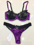 Lucile Purple Silk & Black Leavers Lace Underwired Bra & Thong Set