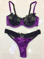 Lucile Purple Silk & Black Leavers Lace Underwired Bra & Thong Set