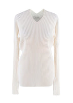Bottega Veneta Ivory Long Sleeve Ribbed V-Neck Top