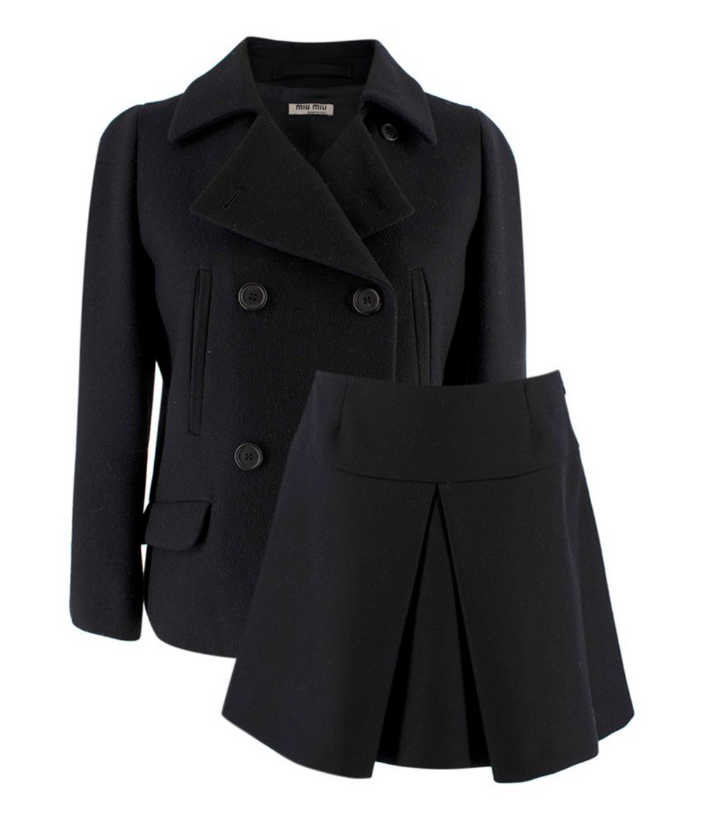 Miu Miu Black Wool Blend Double Breasted Jacket & A-line Mini Skirt