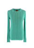 Green Ribbed Knit Cotton Long Sleeved Top