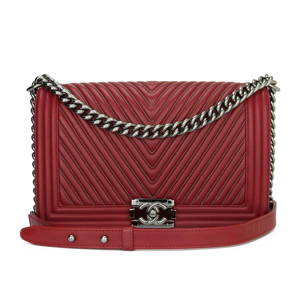 Dark Red Chain-trimmed Chevron Boy Bag