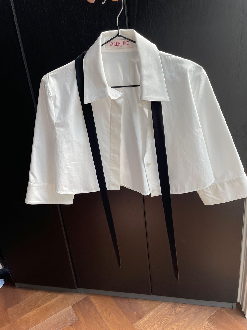 Valentino White Cropped Blouse with Velvet Bow Detail