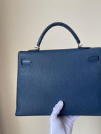 Hermes Blue De Malt Sellier Chevre 35 Kelly