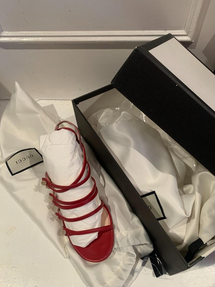 Gucci Red & Pink Patent Leather Strappy Sandals