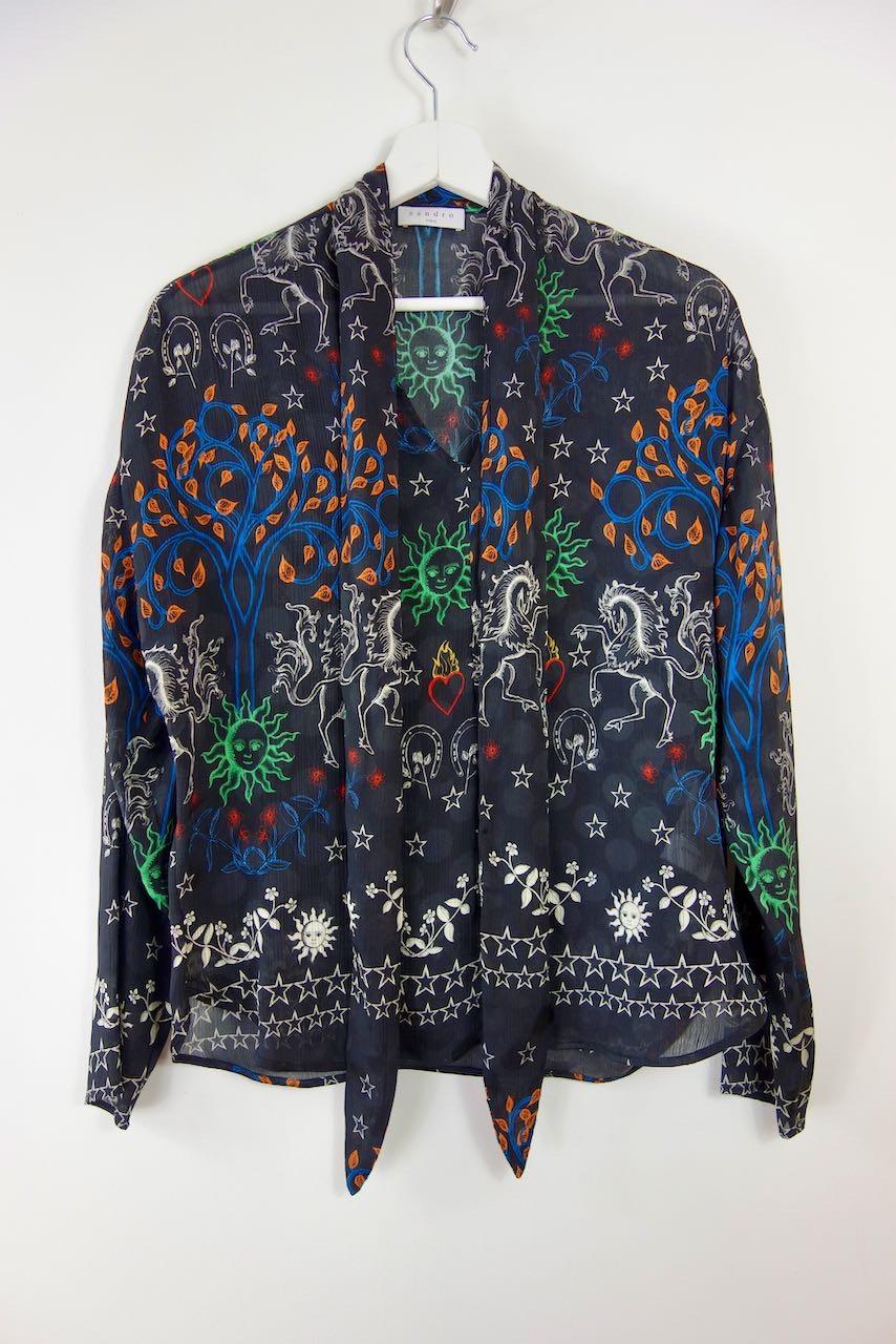 Black zodiac print crepe lavaliere blouse