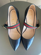 Black leather Sylvie heeled Mary Jane pumps