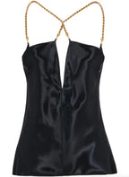 Ferragamo Black Twisted-Strap Satin Top.