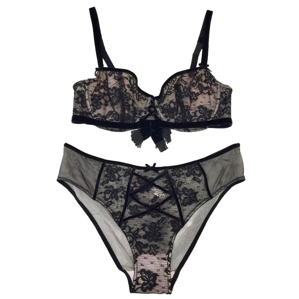 Chantal Thomass Paris Couture Leavers Lace & Velvet Bra & Brief Set