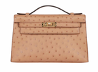 22cms Mini Pochette  Autruche Chai Gold Hardware