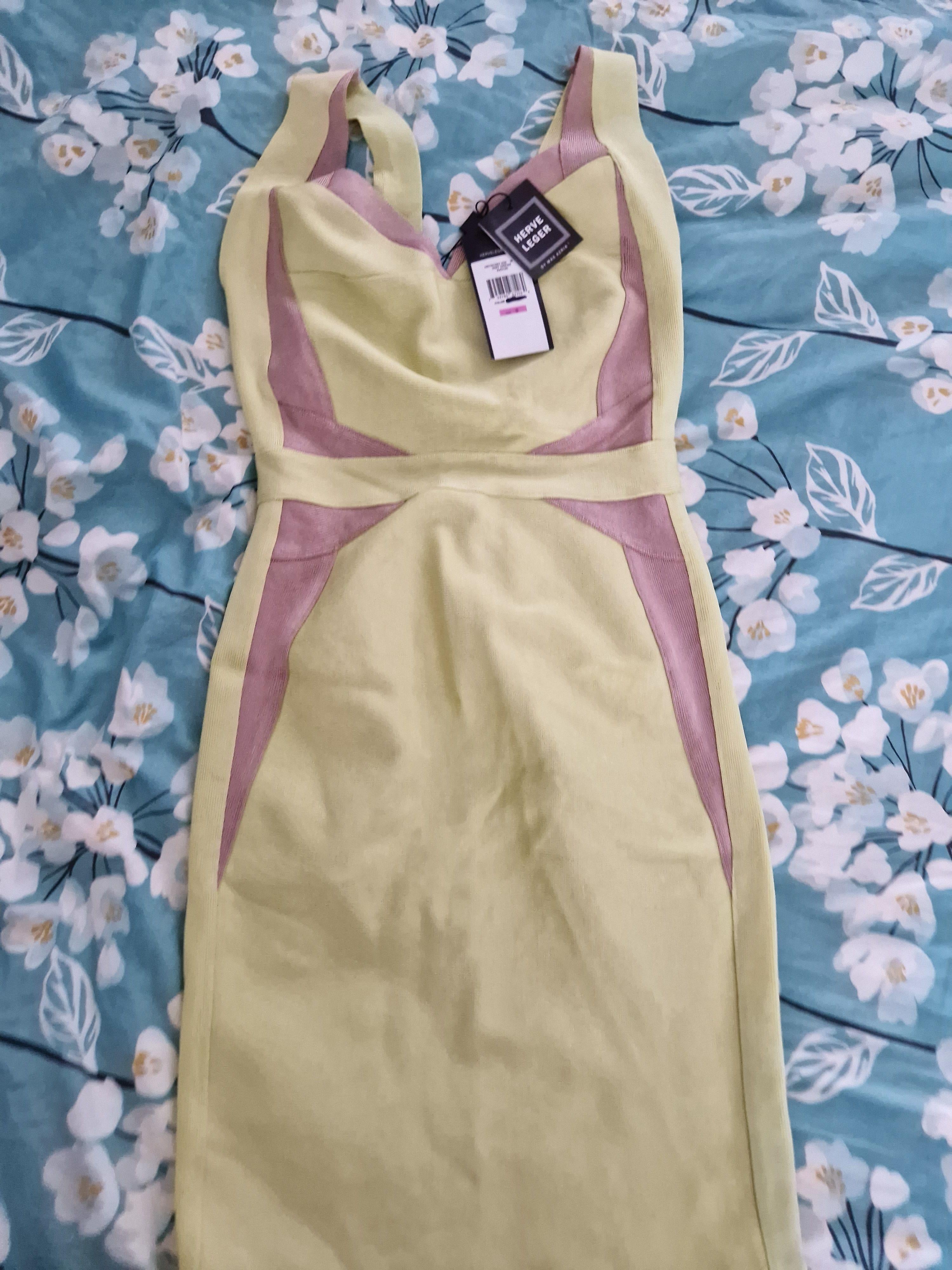 yellow & beige stretch-knit bandage dress