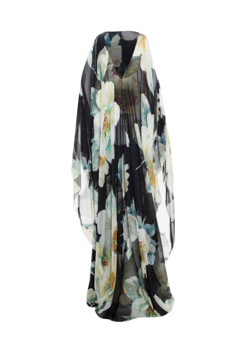 Lanvin Black Silk Printed Cold Shoulder Kaftan Gown