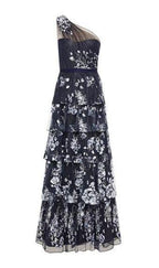 One-shoulder embellished tiered tulle gown