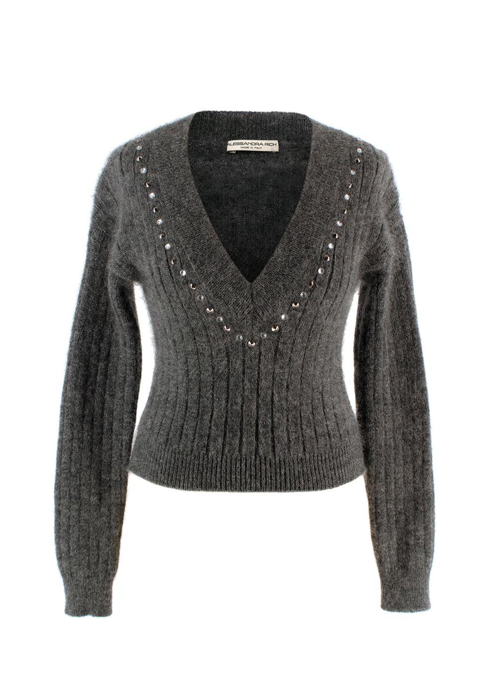 Alessandra Rich Grey Stud Mohair Blend V-Neck Sweater