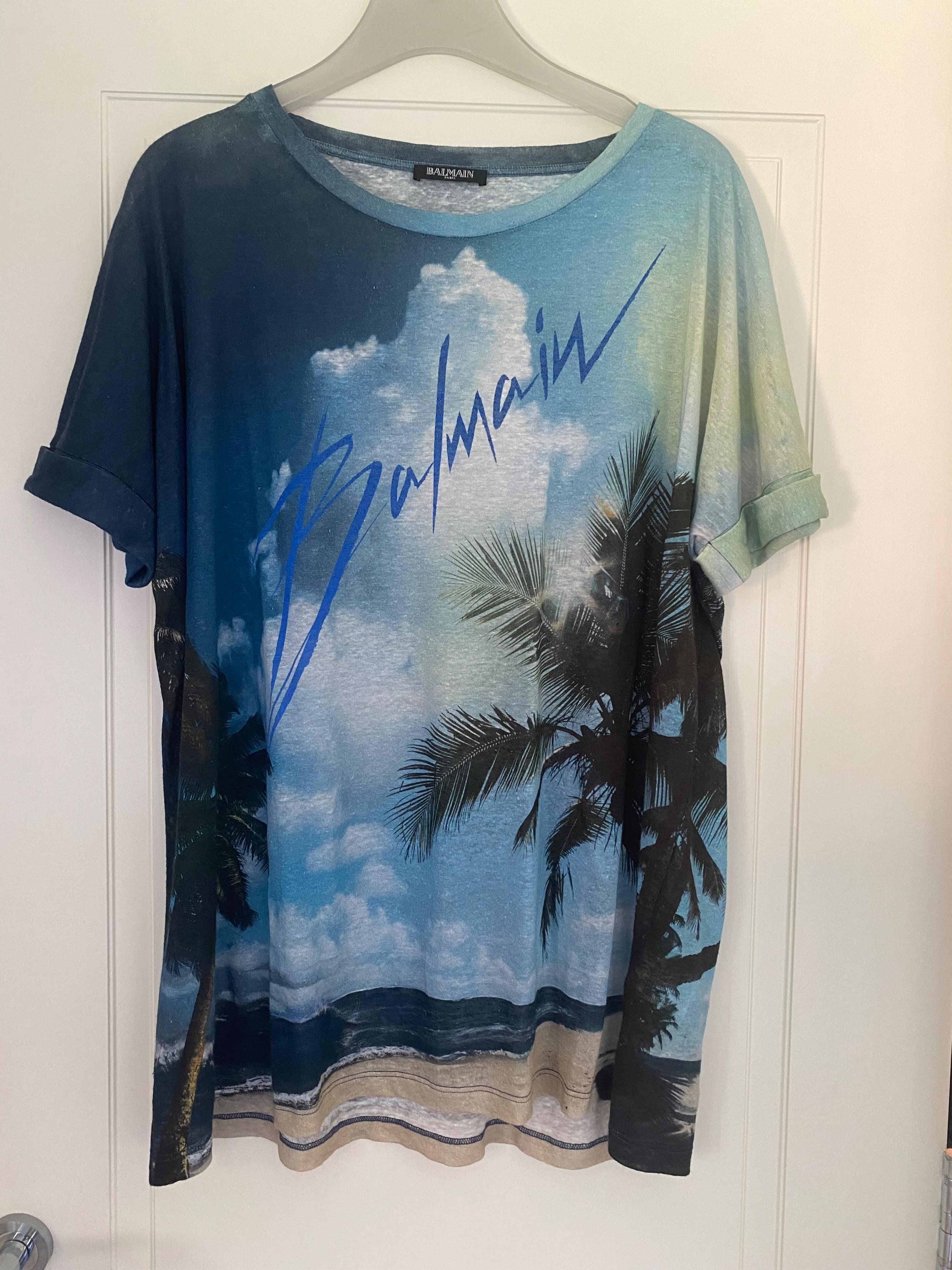 Blue digital print linen T-shirt