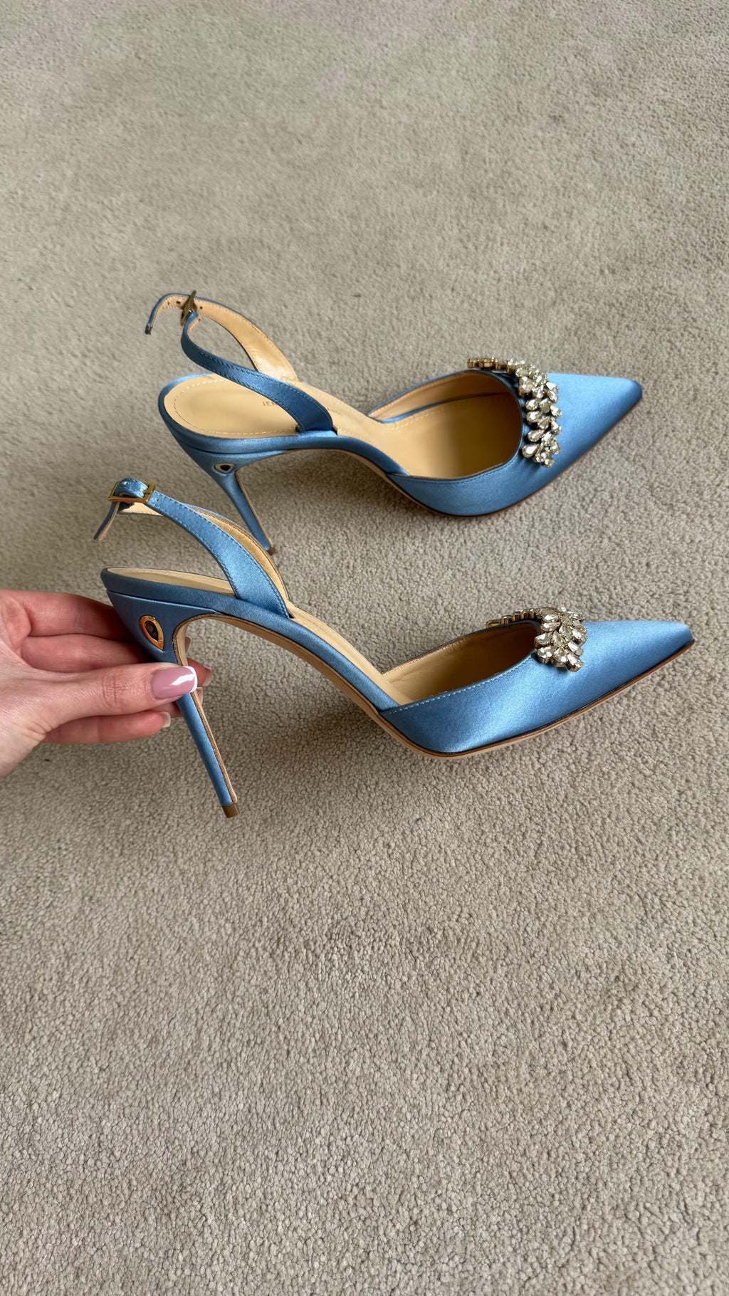 Jennifer Chamandi Embellished Light Blue Satin Slingback Sandals