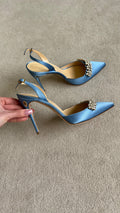 Jennifer Chamandi Embellished Light Blue Satin Slingback Sandals