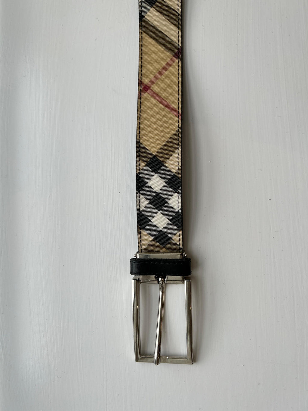 Check Canvas & leather Belt - Size 100