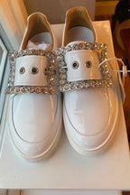 White Patent Leather Crystal Brooch Sneakers