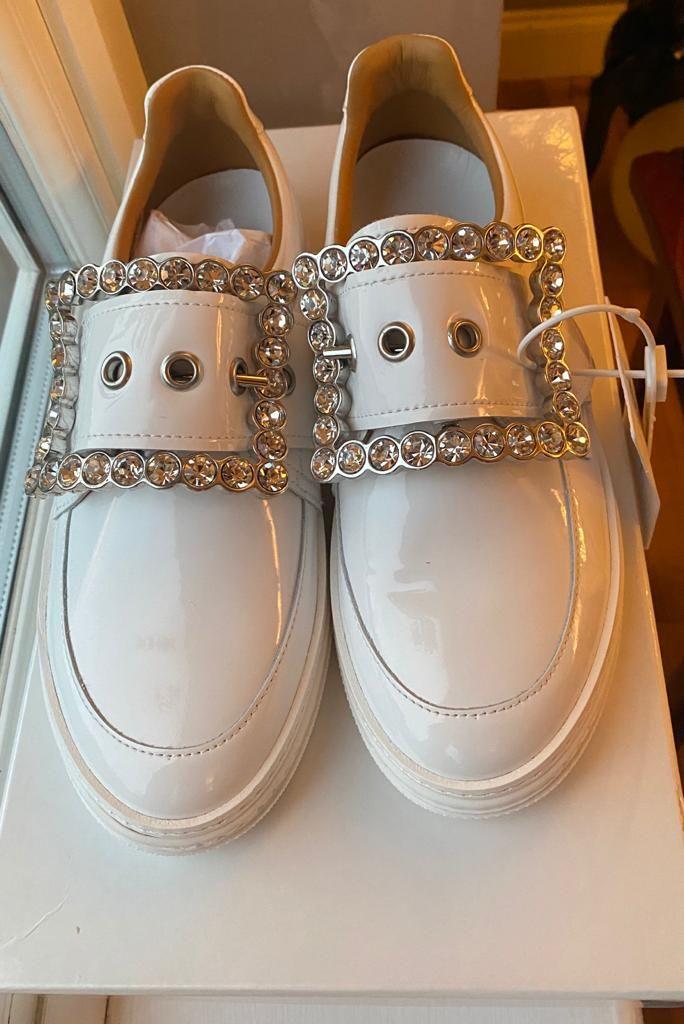White Patent Leather Crystal Brooch Sneakers