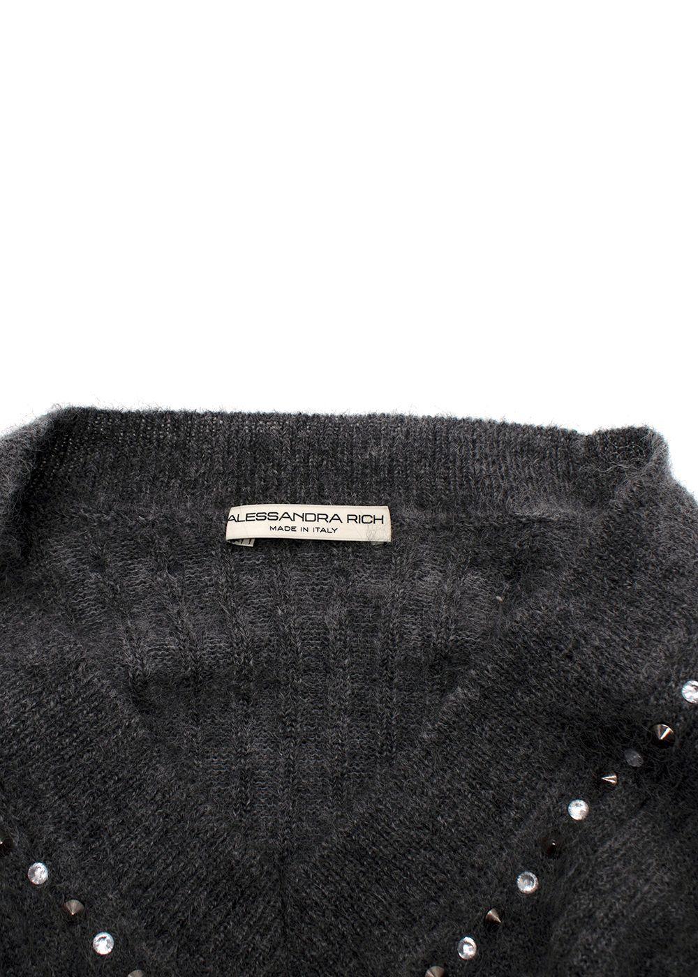 Alessandra Rich Grey Stud Mohair Blend V-Neck Sweater