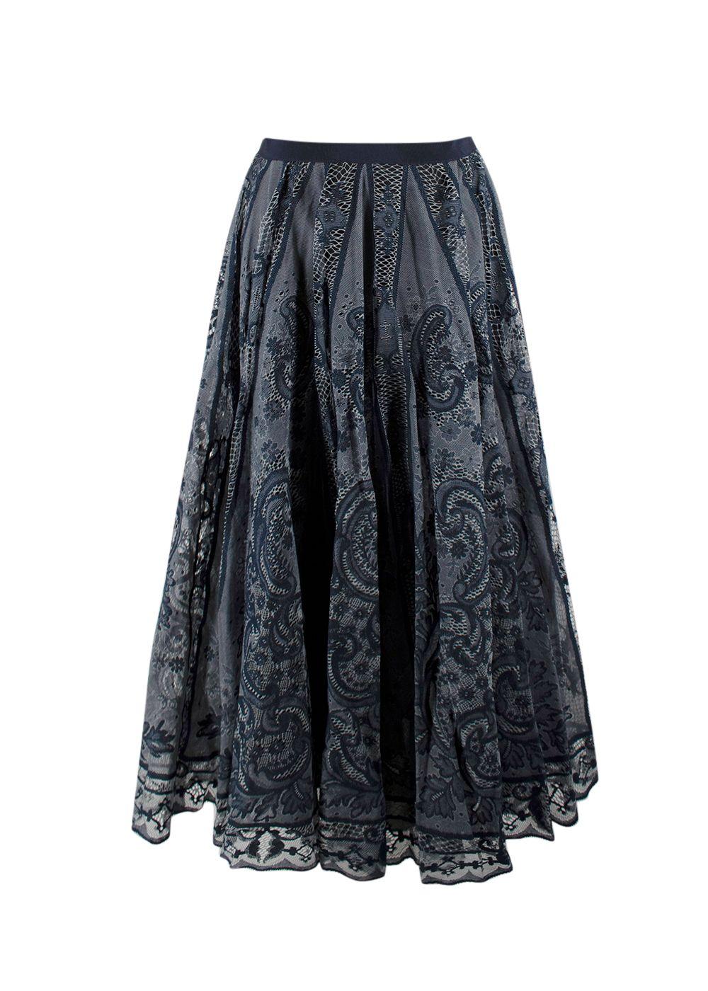 Dior Navy Cotton Blend Embroidered Midi Skirt