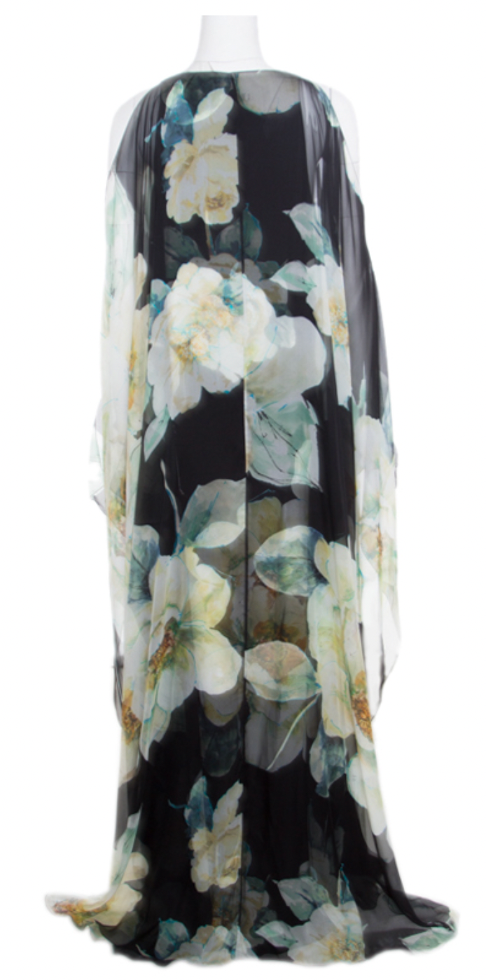 Lanvin Black Silk Printed Cold Shoulder Kaftan Gown