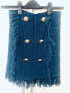 Balmain Frayed Button-embellished Tweed Mini Skirt In Blue