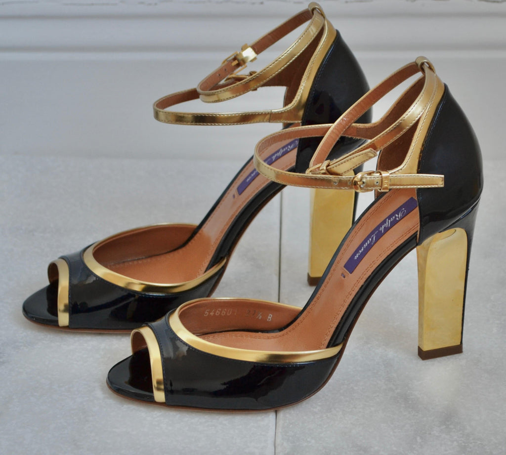 Ralph Lauren Collection  Navy Patent Heeled Ankle Strap Shoes