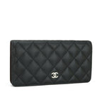 Chanel Black Caviar Leather Long Flap Yen Wallet with Silver Hardware