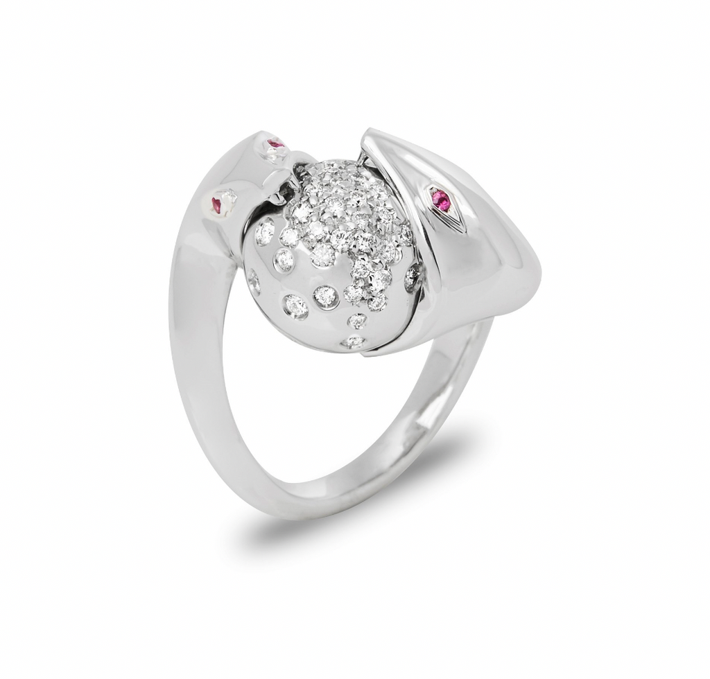 18ct white gold, diamond & ruby Serpent ring 52EU