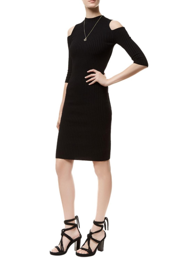 Maje Black Ribbed Knit Cold Shoulder Dress