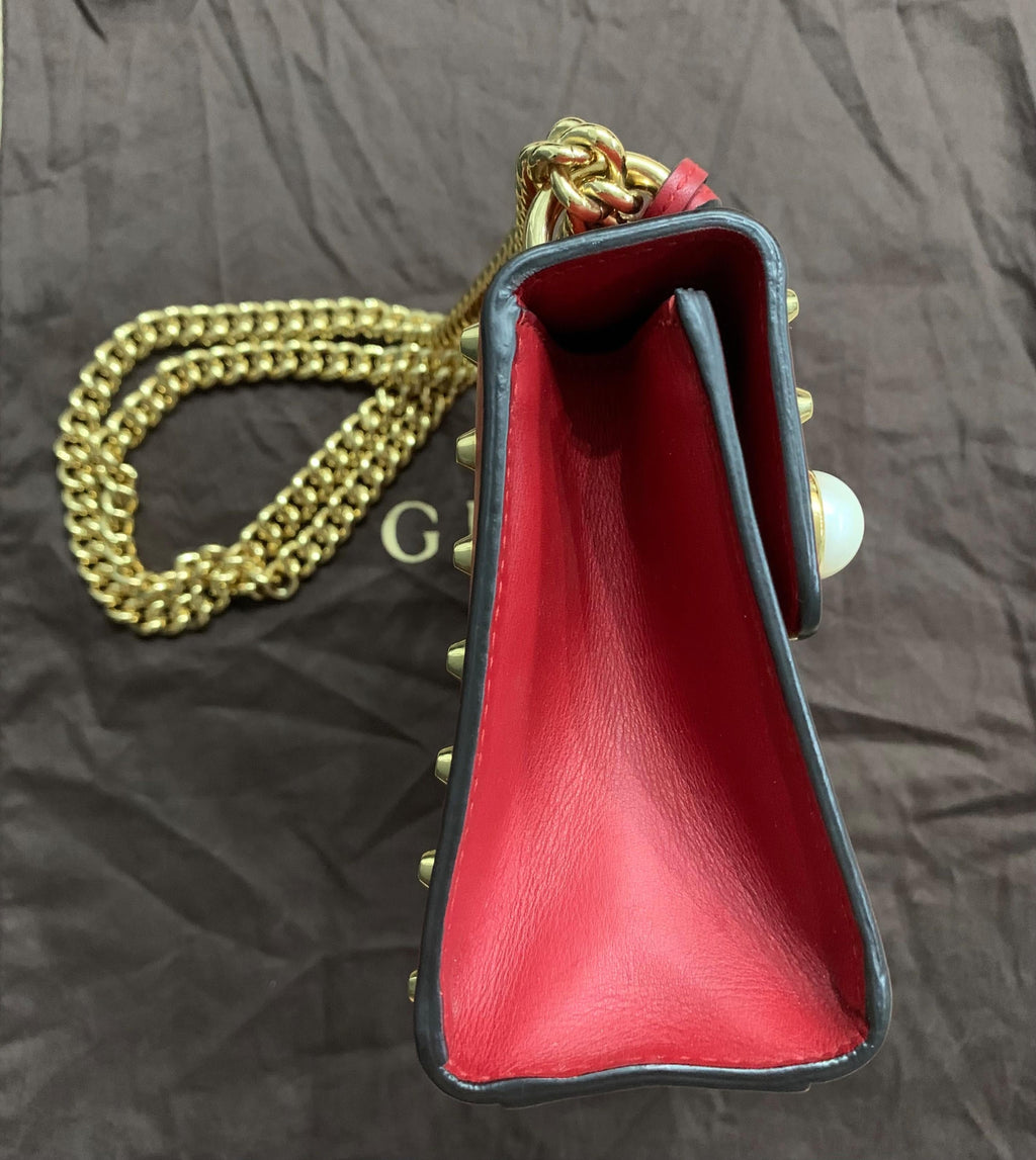 Red Leather Studded Padlock Shoulder Bag